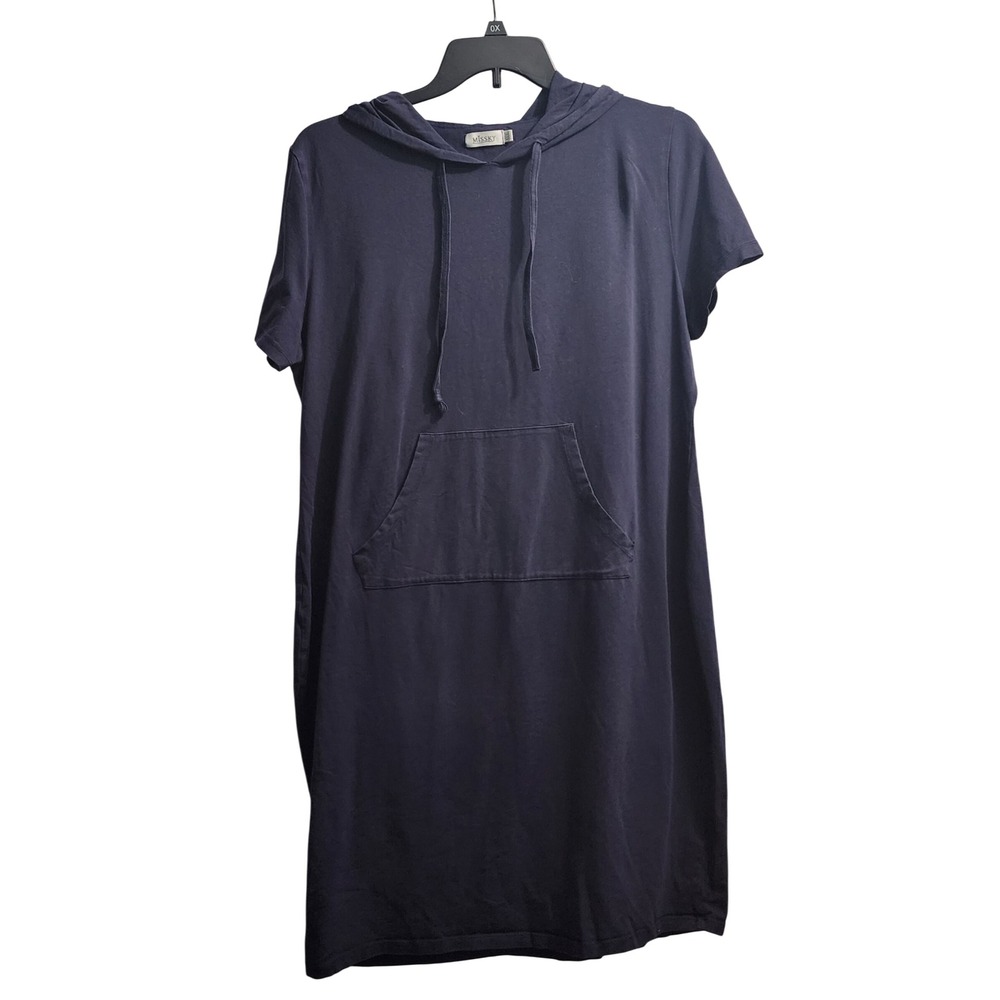 Missky Navy Blue Short Sleeve Hoodie Dress Kangaroo Pocket Casual Plus Size